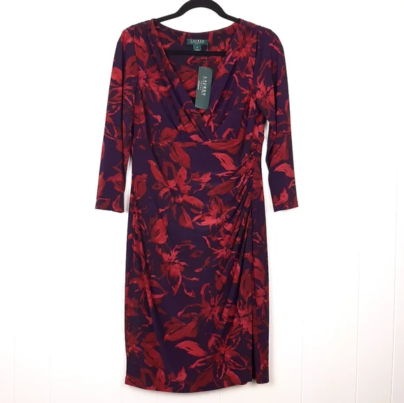 Lauren Ralph Lauren | Dresses | Lauren Ralph Lauren 34 Sleeve Dark Floral  Stretch Jersey Surplice Dress Evening | Poshmark
